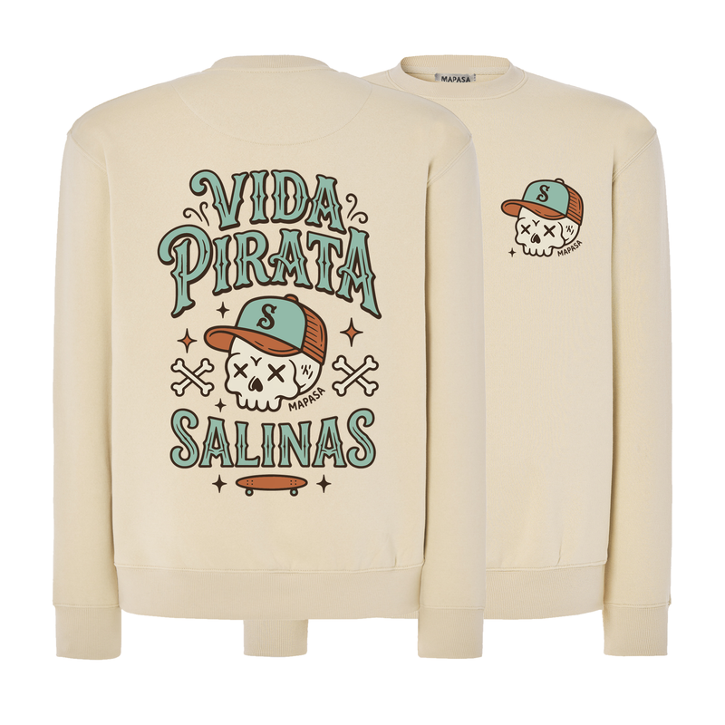 Sudadera adulto mantequilla Vida Pirata Salinas — espalda y frente
