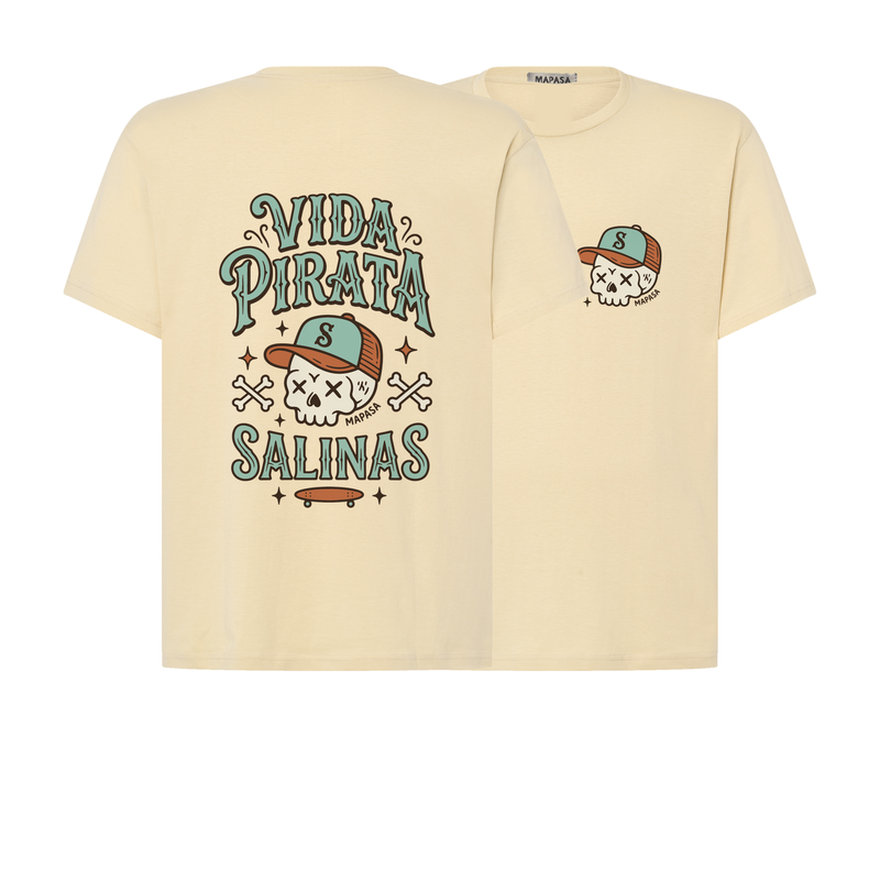 Camiseta adulto mantequilla Vida Pirata Salinas — espalda y frente